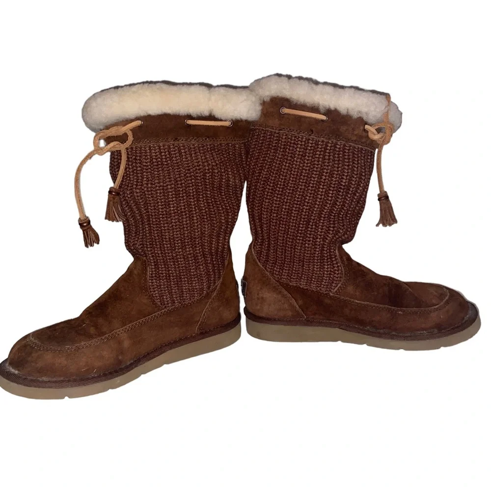 UGG Australia Suburb Boots Womens Size 6 Leather Suede Crochet Knit Fur Sherpa